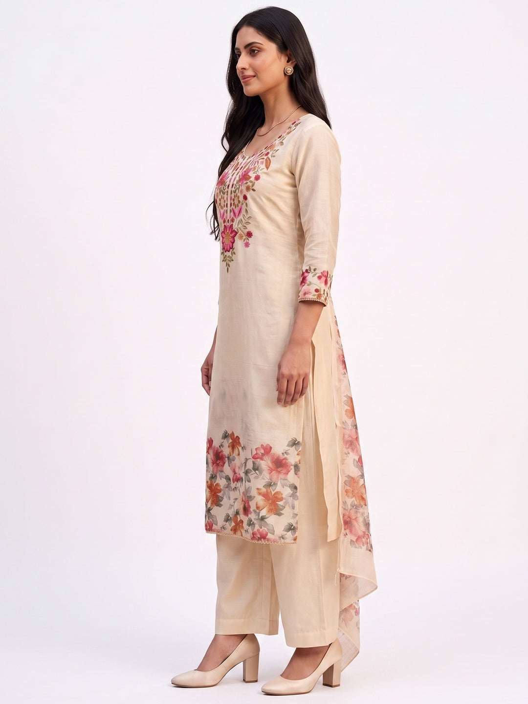 Peachmode Cream Linen Dress Material with Floral Embroidery - Image 4