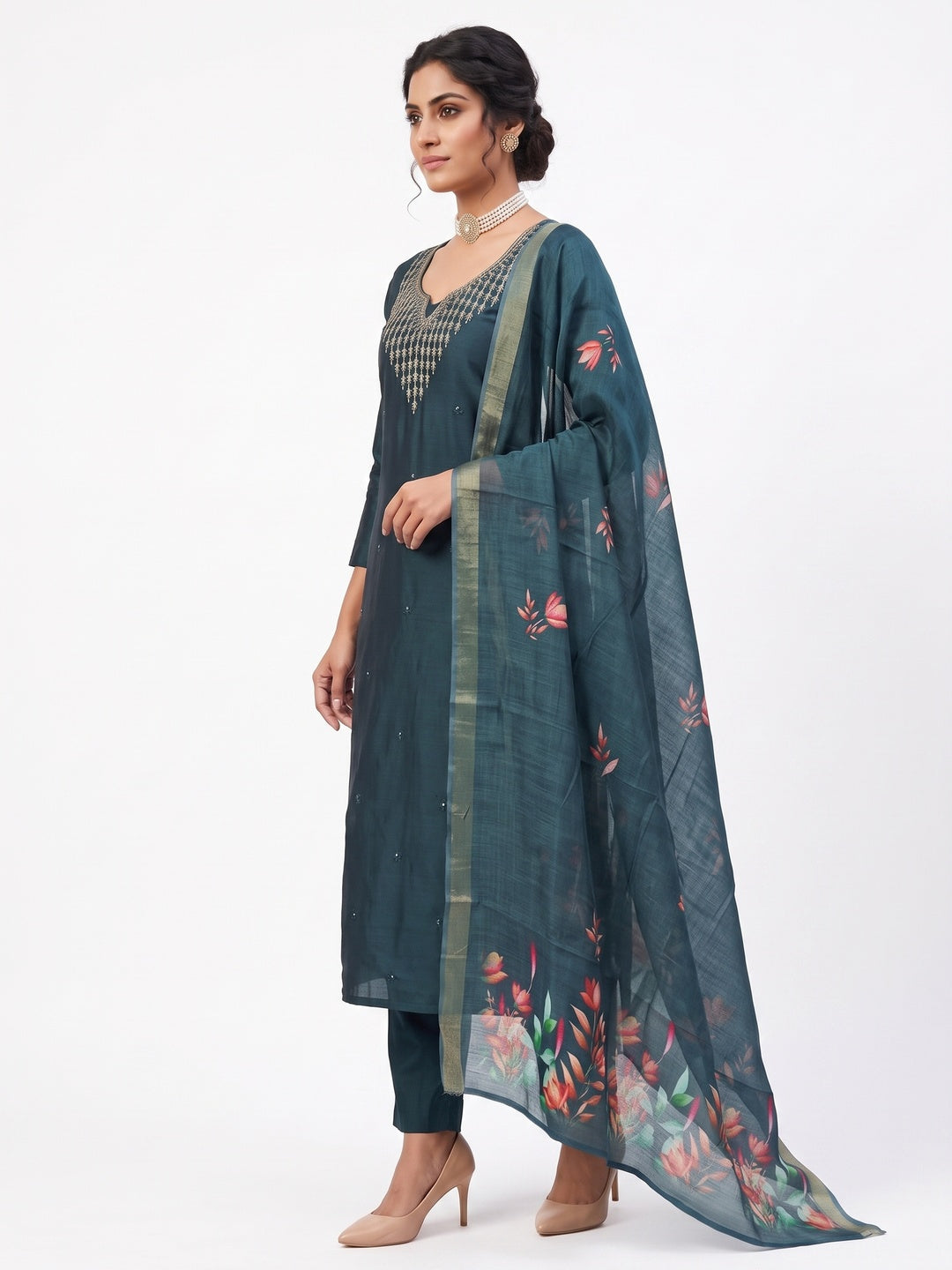 Festive Teal Floral Embroidered Art Silk Dress Material with Fine Thread Work - Image 3
