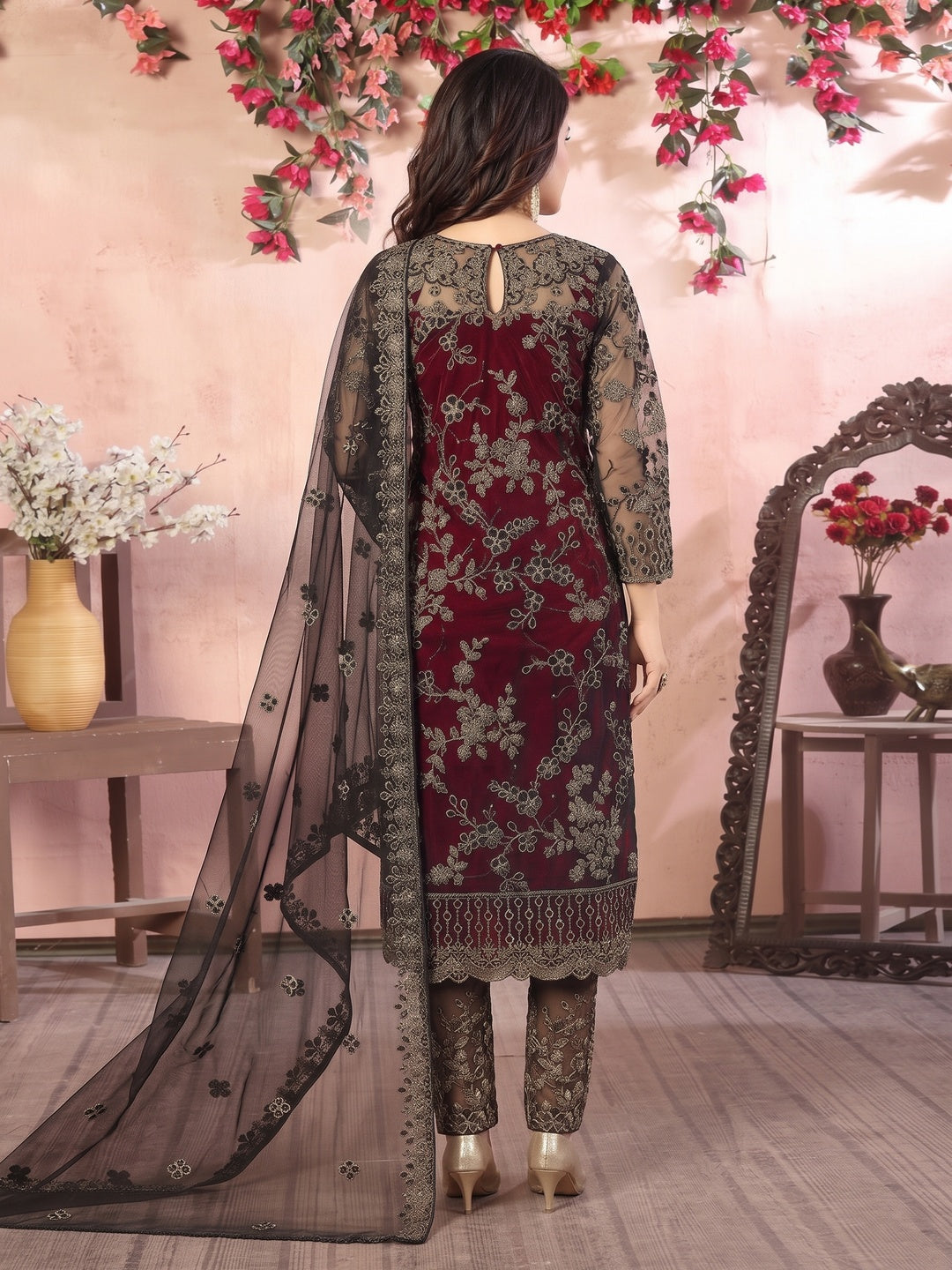 Maroon Floral Embroidered Net Semi Stitched Suit - Image 2