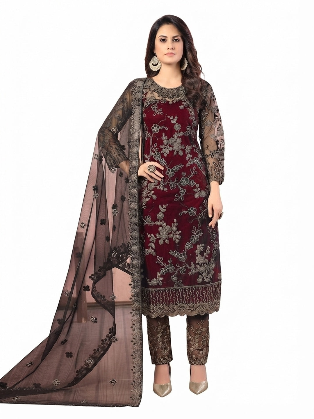 Maroon Floral Embroidered Net Semi Stitched Suit - Image 5