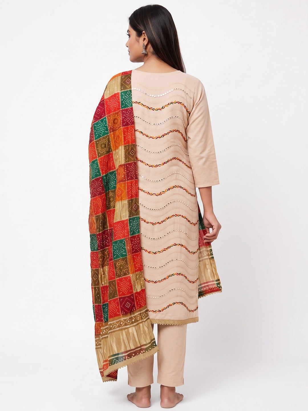 Cream Cotton Blend Dress Material With Intricate Thread Embroidery & Paper Mirror Work - Image 2