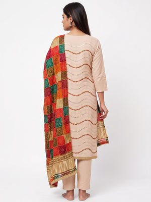 Cream Cotton Blend Dress Material With Intricate Thread Embroidery & Paper Mirror Work - Image 2