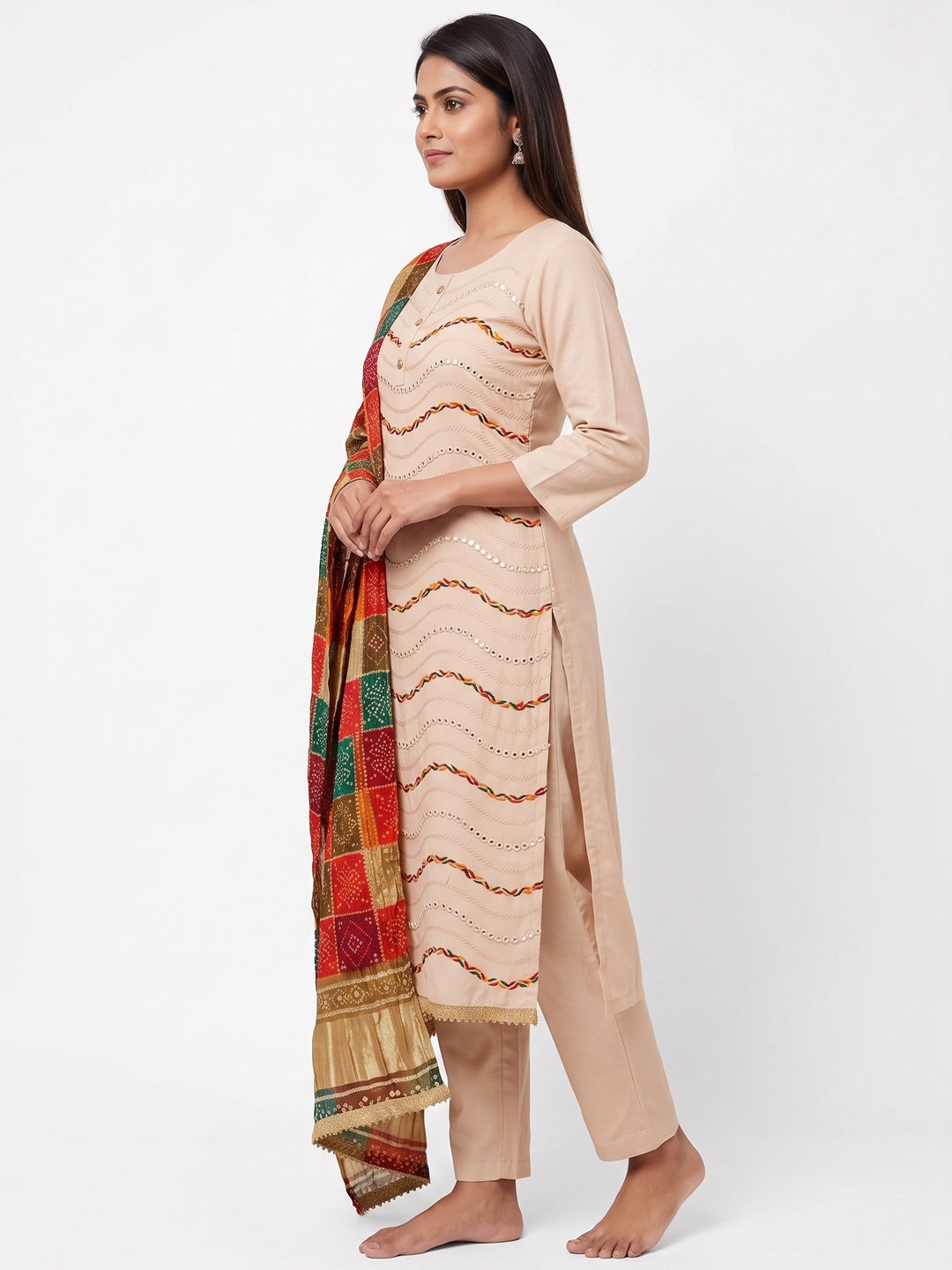 Cream Cotton Blend Dress Material With Intricate Thread Embroidery & Paper Mirror Work - Image 3