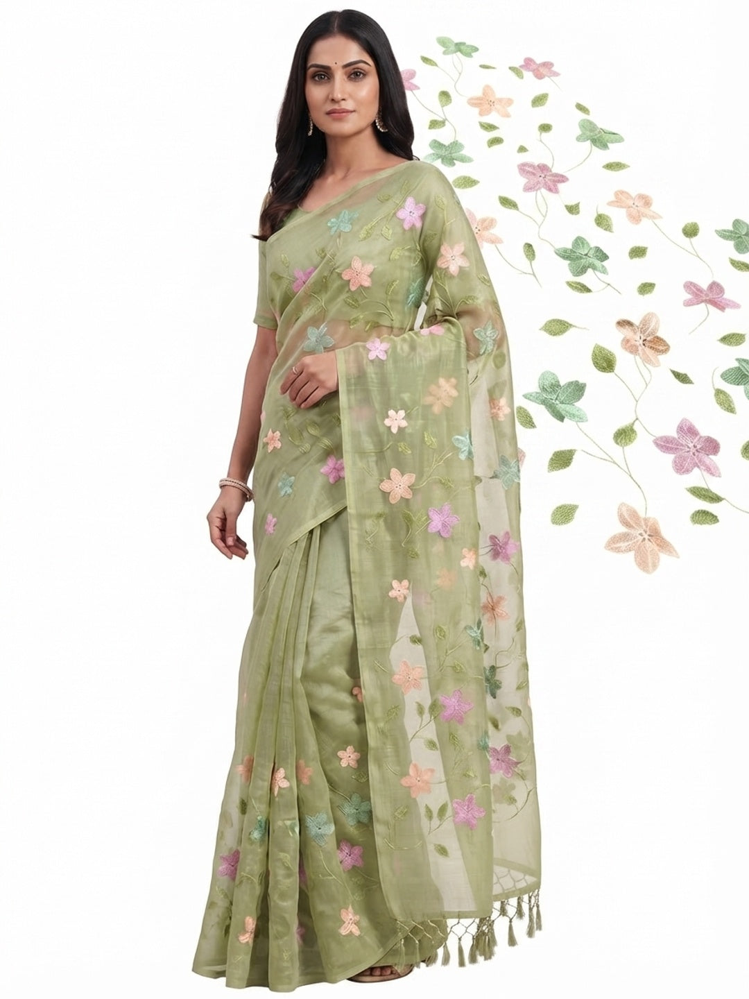 Peachmode Green Crunchy Saree with Floral Embroidery Work - Image 8