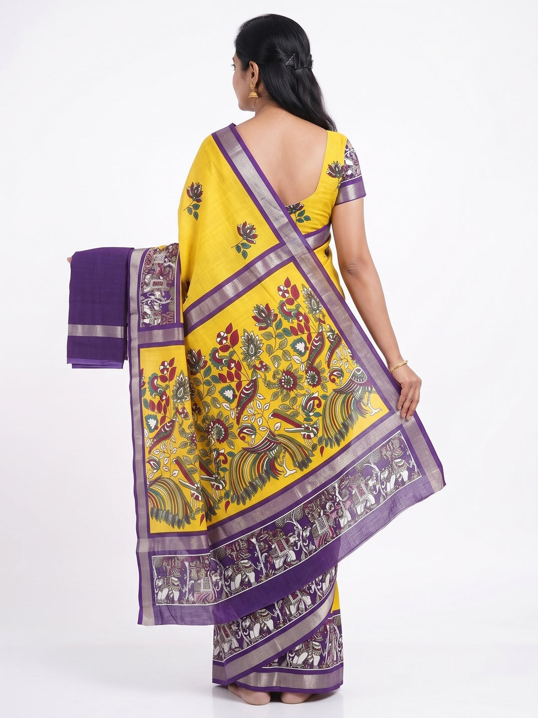 Yellow Kalamkari Printed Pure Mulmul Cotton Saree - Image 3