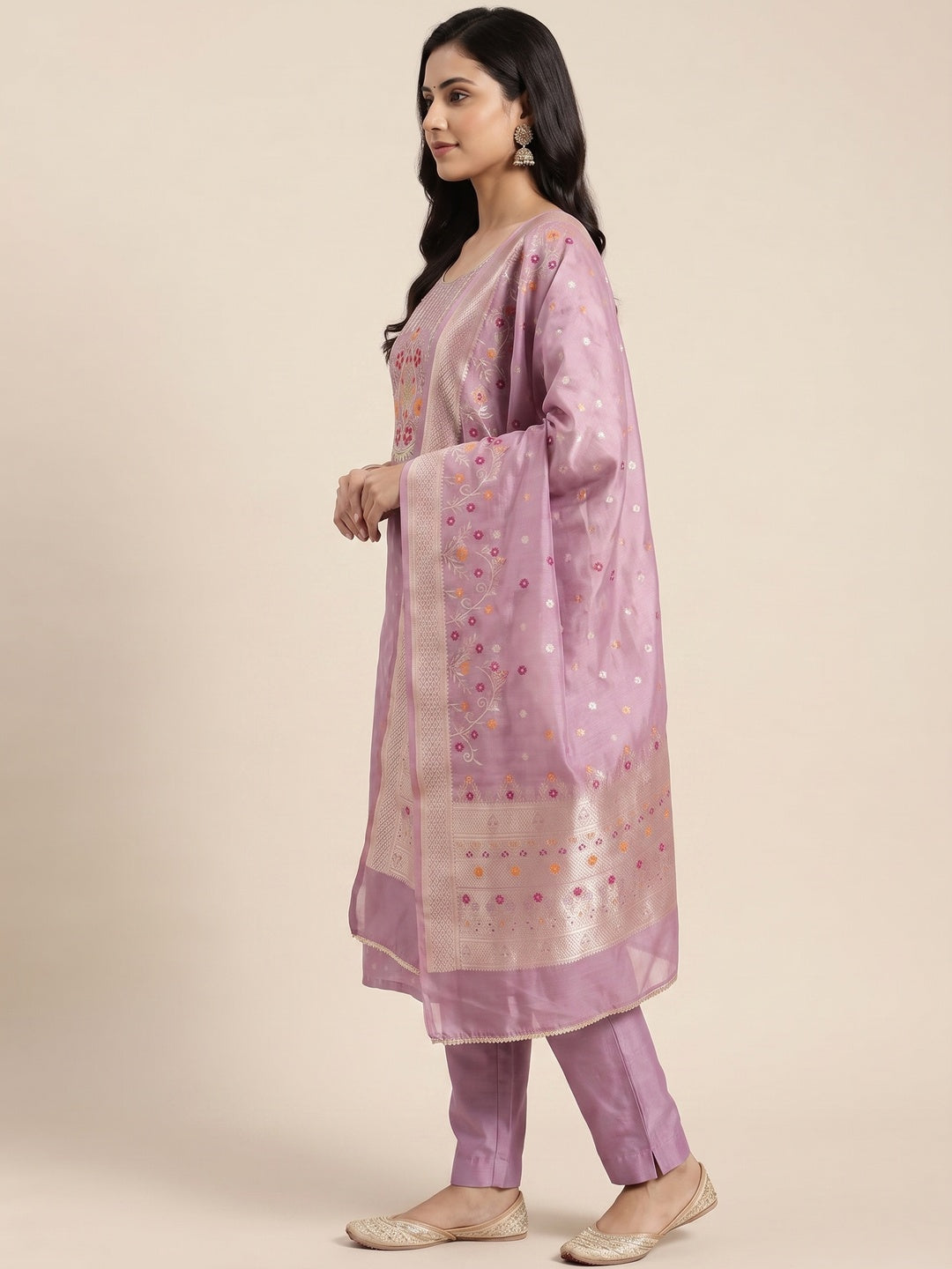 Peachmode Lavender Jacquard Dress Material with Ethnic Motifs - Flat lay