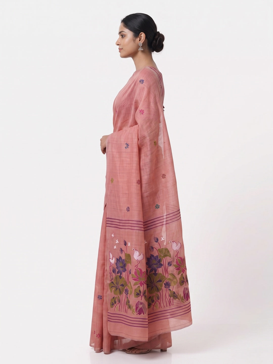 Peachmode Pink Linen Jamdani Saree for Traditional Wear - Image 6