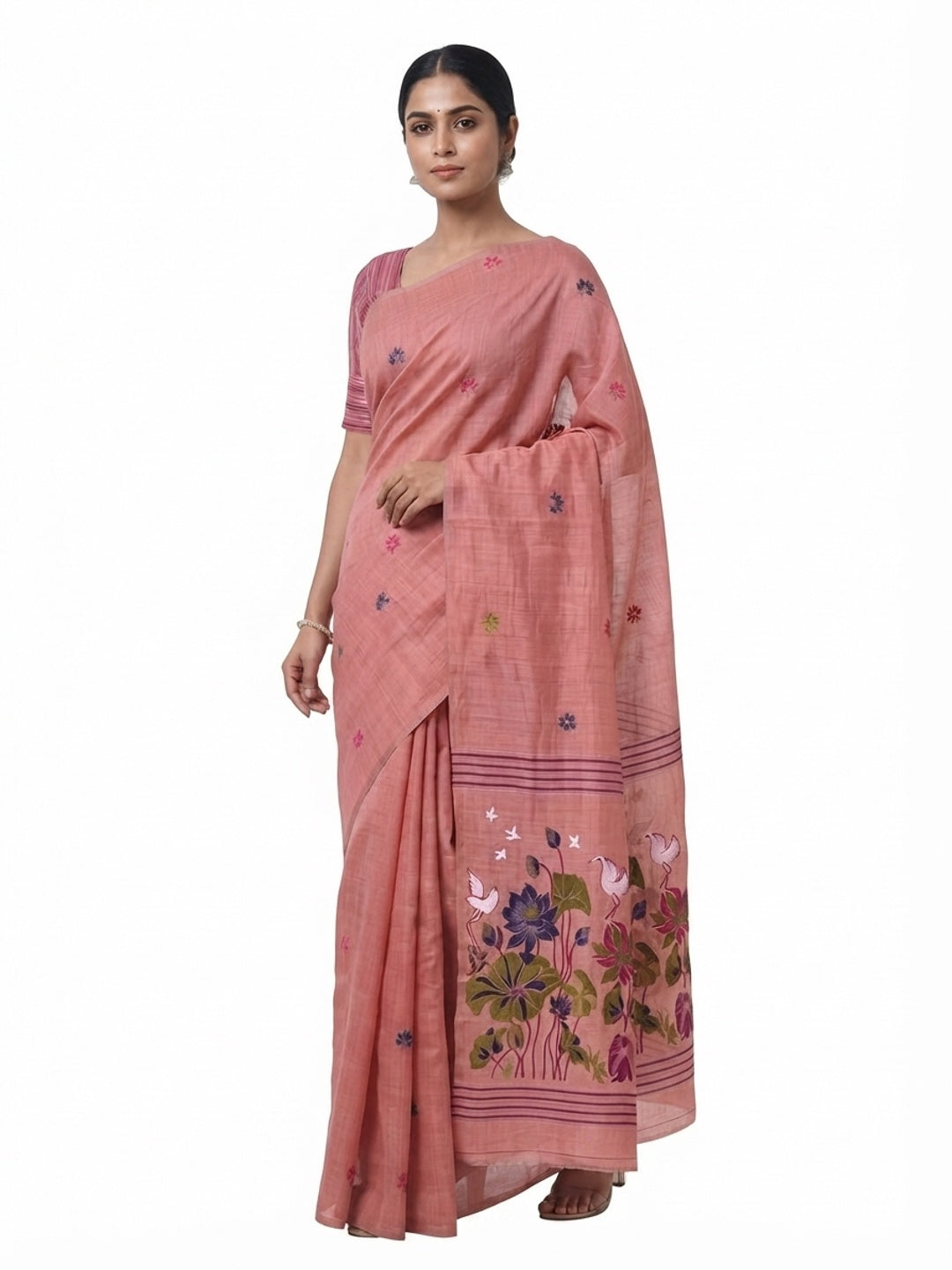 Peachmode Pink Linen Jamdani Saree for Traditional Wear - Image 8