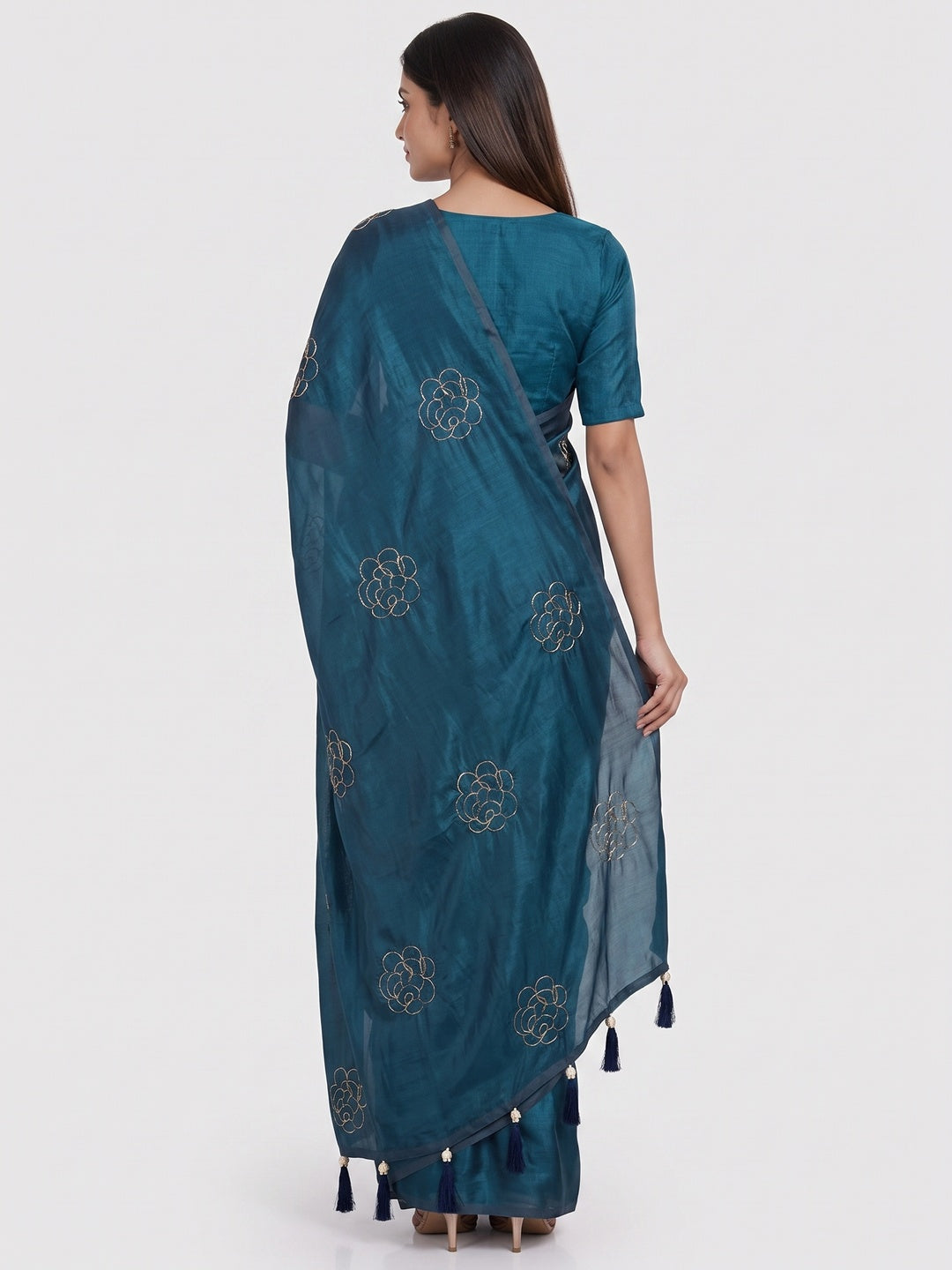Peachmode Blue Satin Floral Embroidered Saree - Image 5