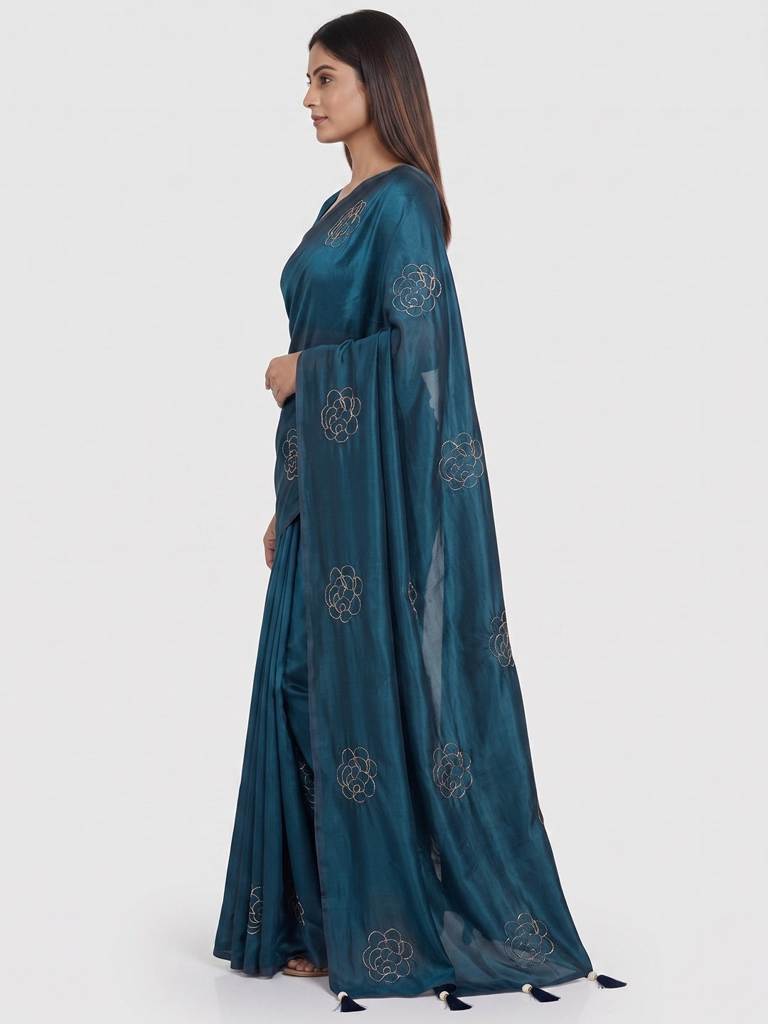 Peachmode Blue Satin Floral Embroidered Saree - Image 6