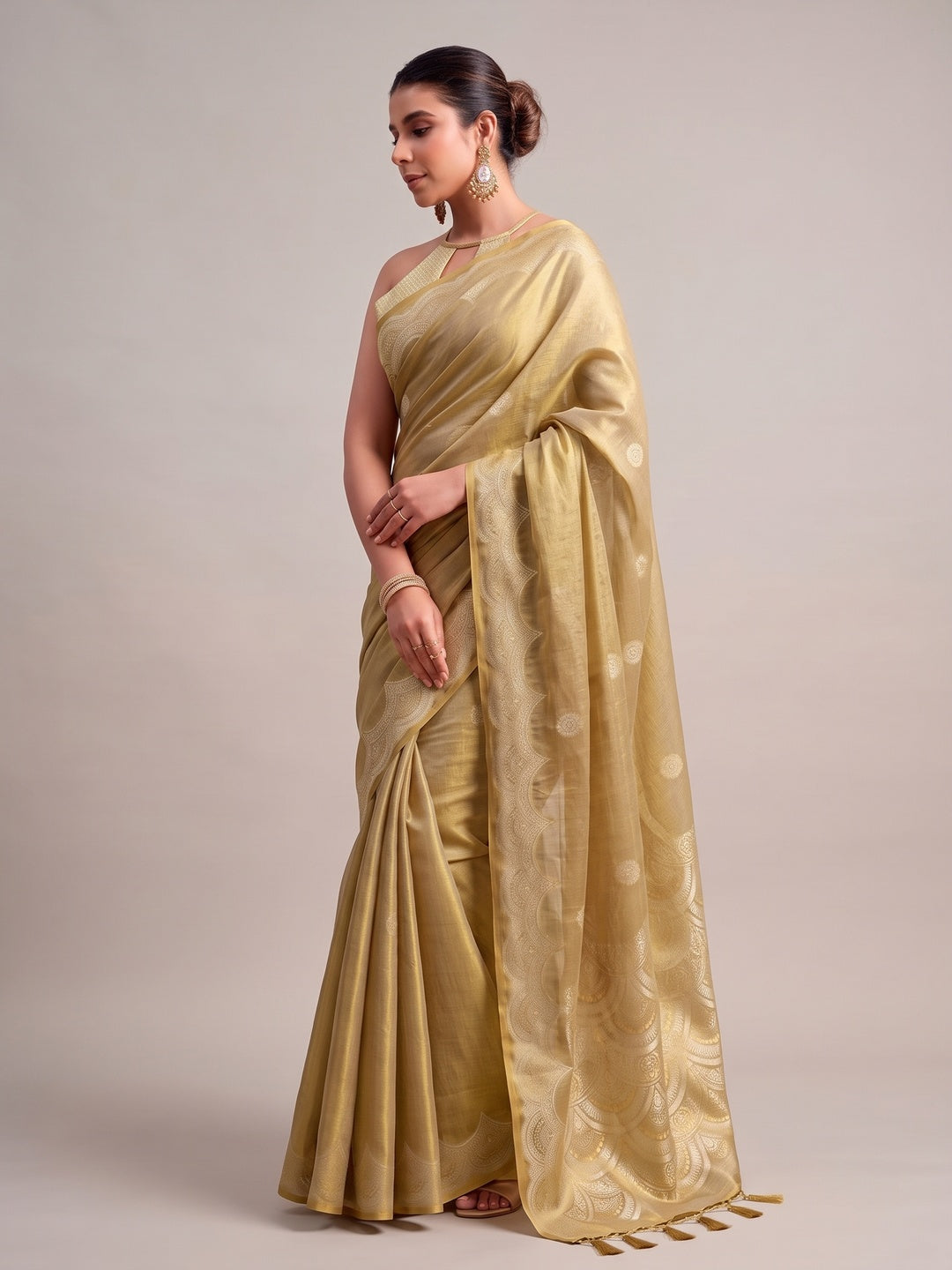 Peachmode Gold Woven Tissue Silk Saree - Image 5
