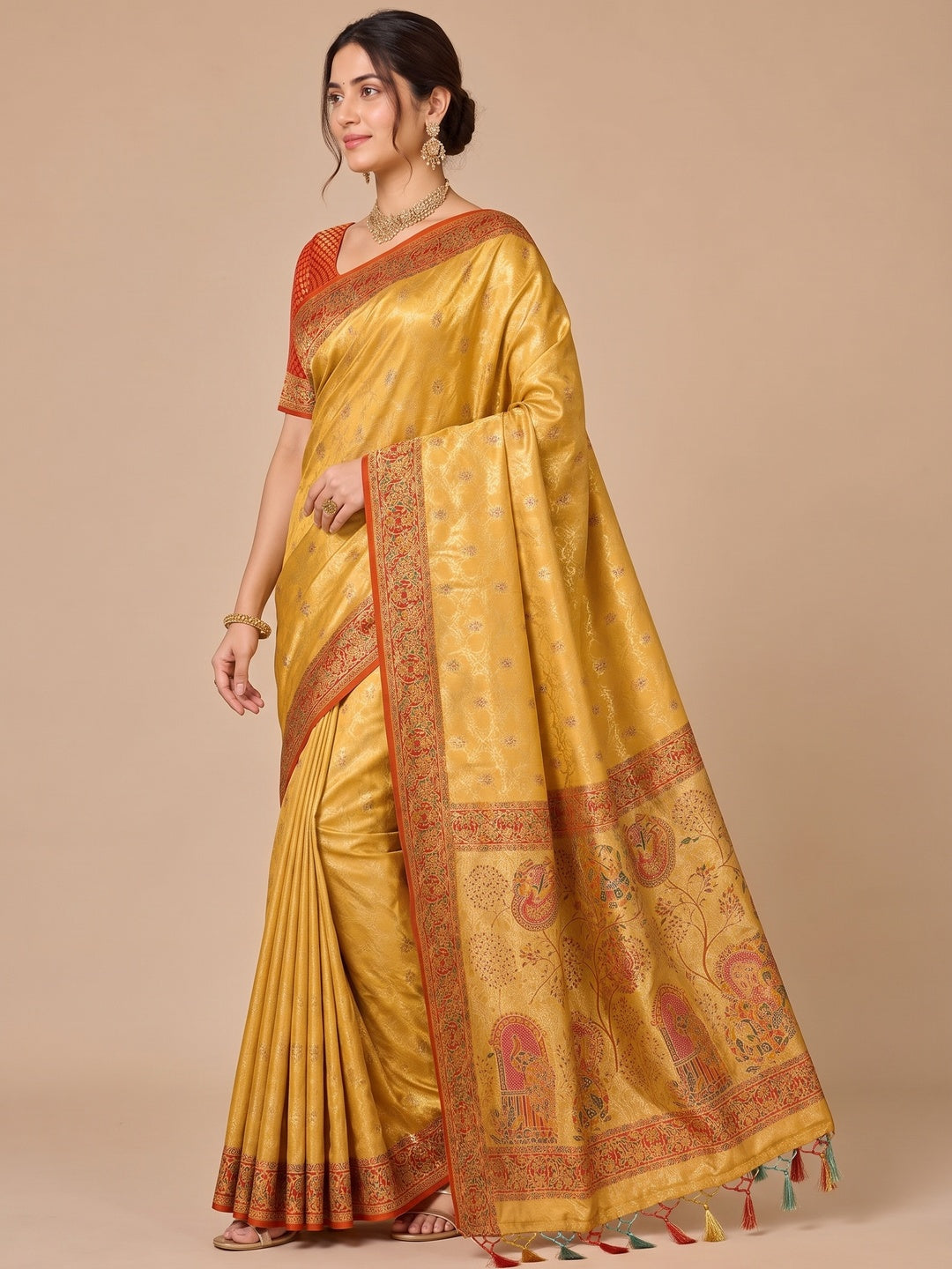 Peachmode Gold Kanjivaram Silk Woven Saree - Image 5