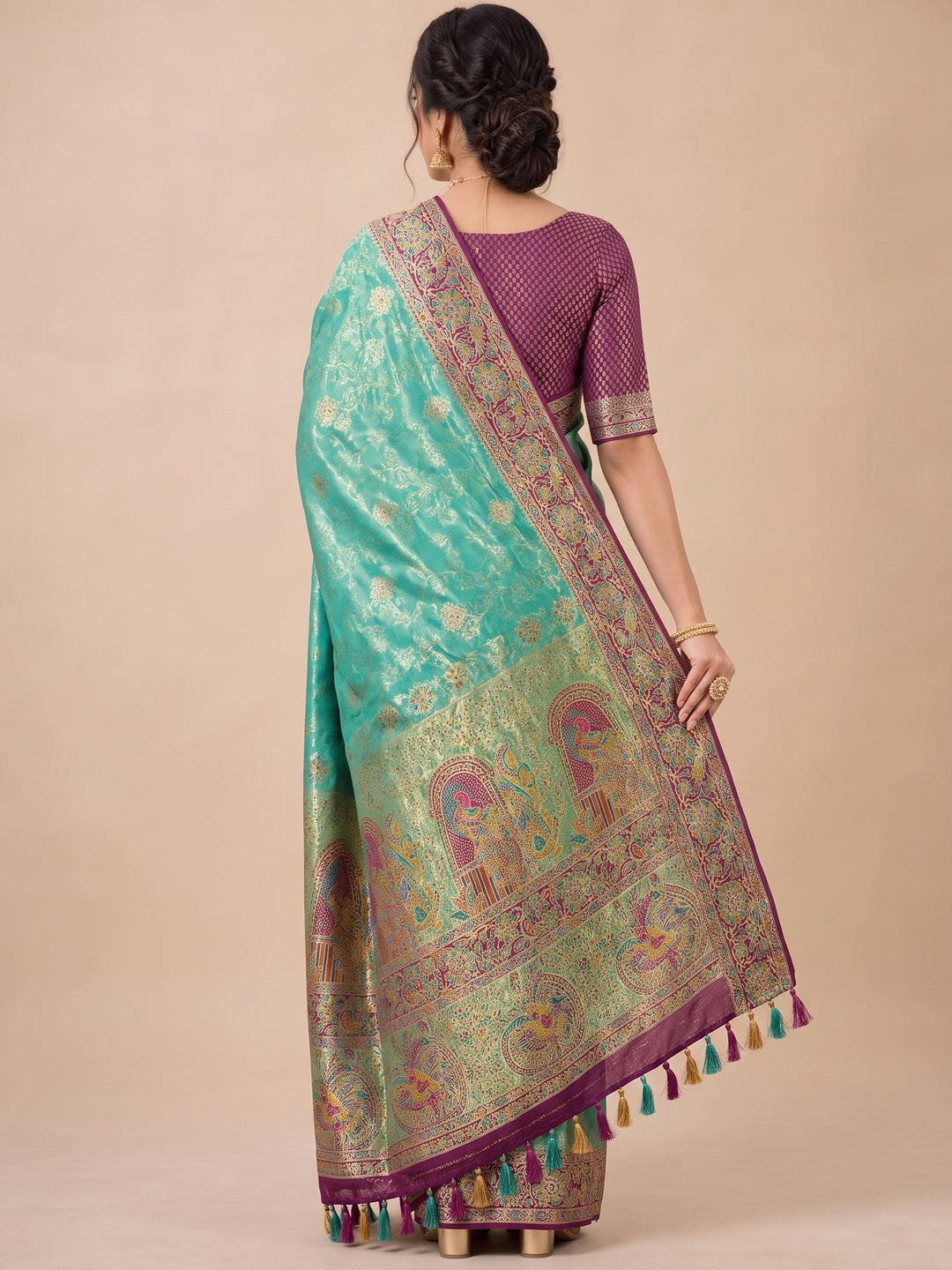 Peachmode Teal Kanjivaram Silk Woven Saree - Image 4