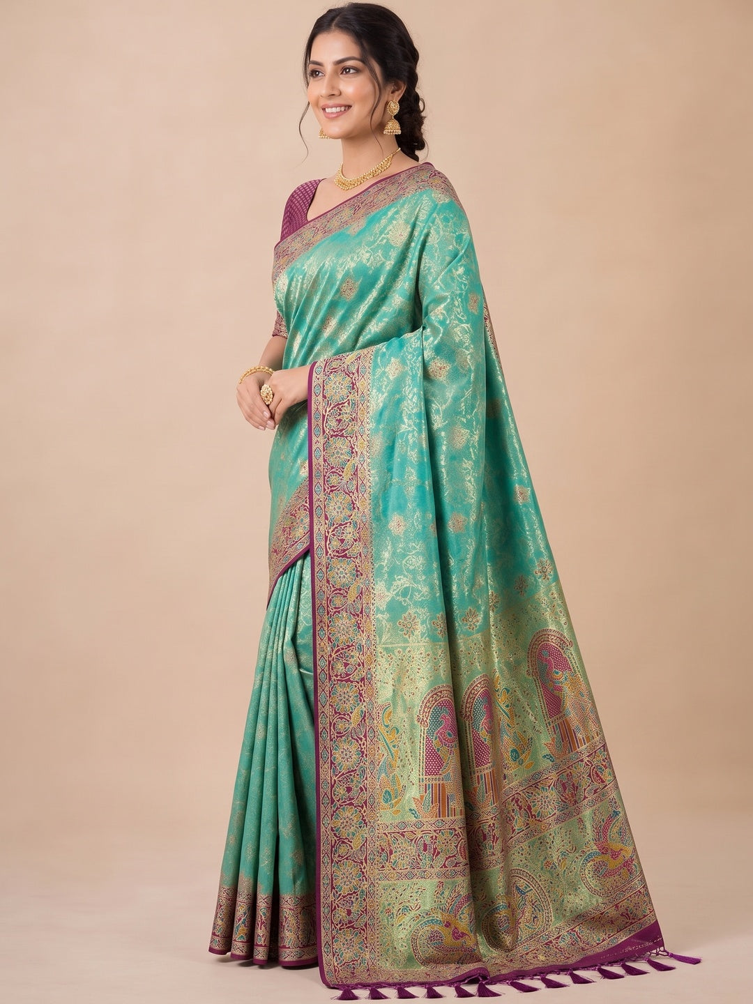Peachmode Teal Kanjivaram Silk Woven Saree - Image 5