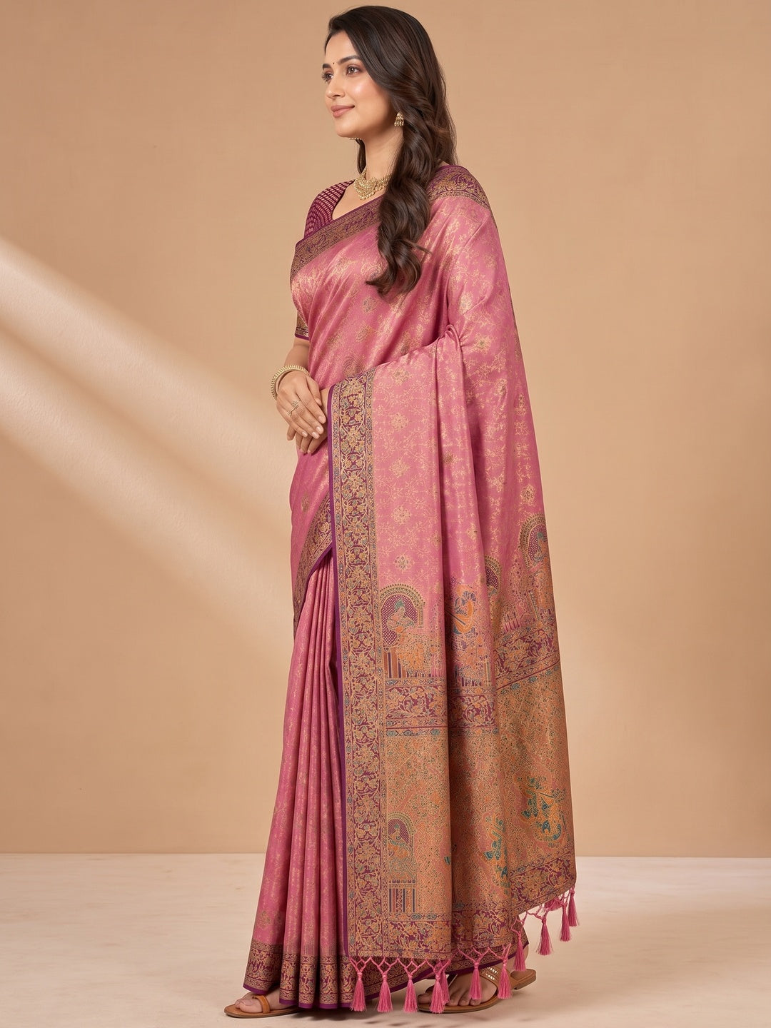 Peachmode Pink Kanjivaram Silk Woven Saree - Image 5