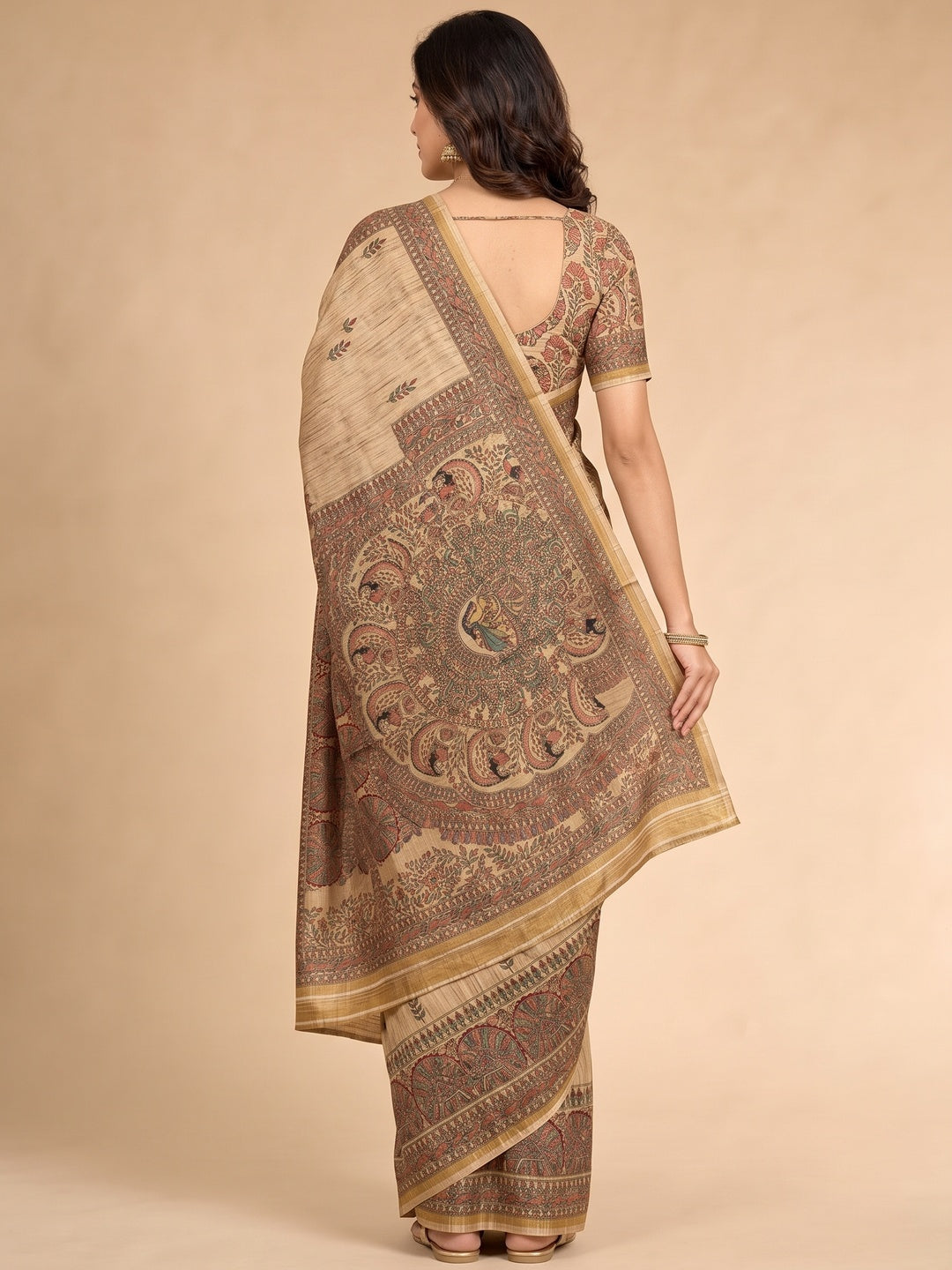 Peachmode Cream Art Silk Digital Printed Saree - Image 4