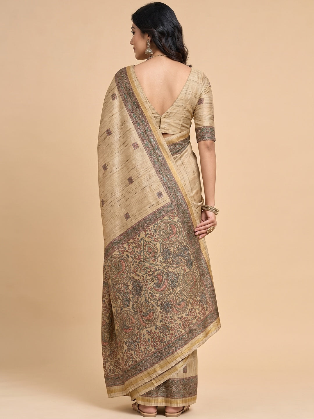 Peachmode Beige Art Silk Digital Printed Saree - Image 4