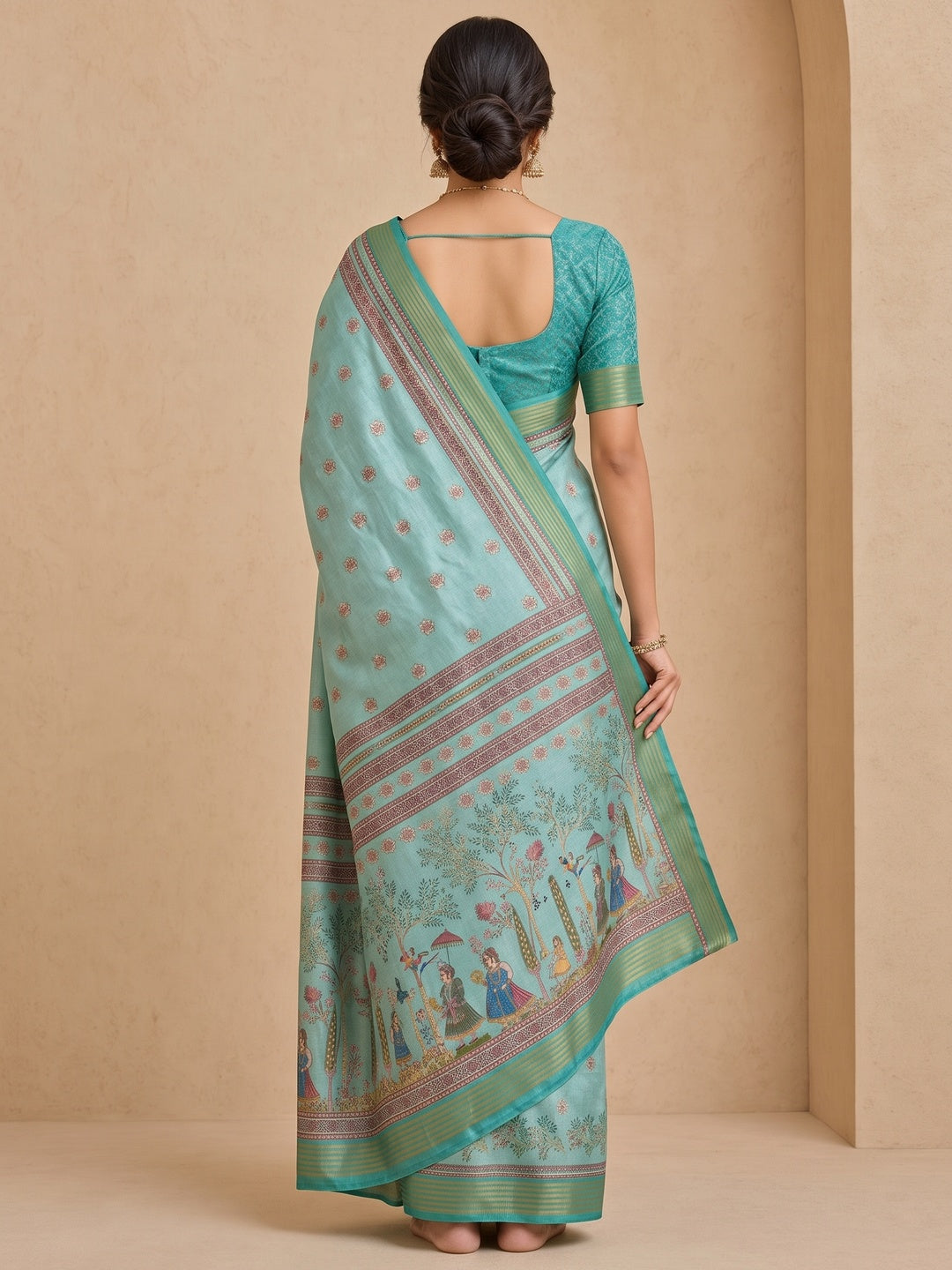Peachmode Turquoise Cotton Silk Digital Printed Saree - Image 4