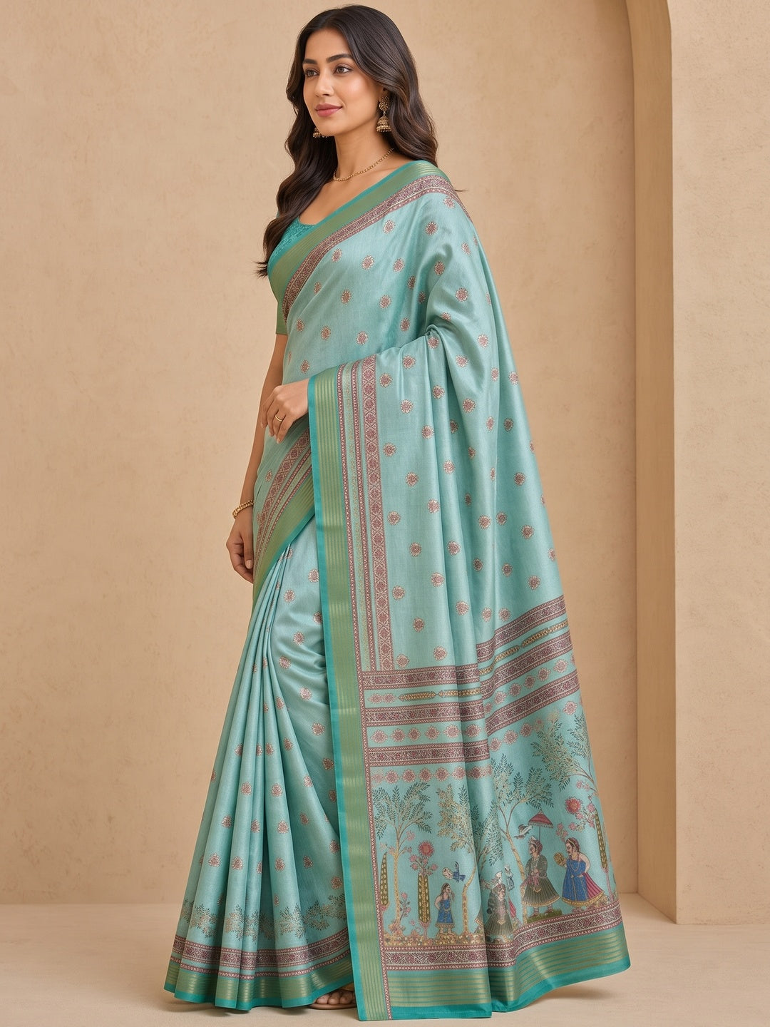Peachmode Turquoise Cotton Silk Digital Printed Saree - Image 5