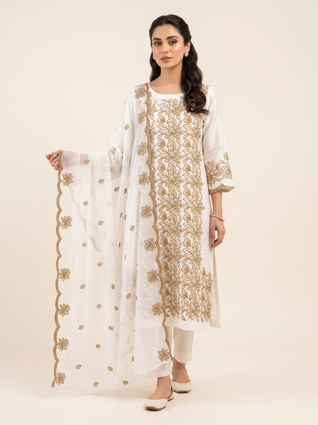 Peachmode Off White Mustard Floral Embroidered Dress Material - Image 1