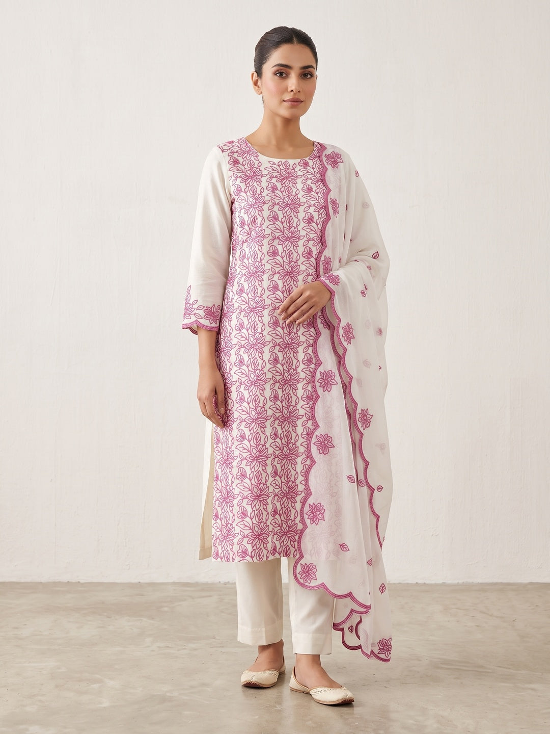 Peachmode Off White Pink Floral Embroidered Dress Material - Image 1