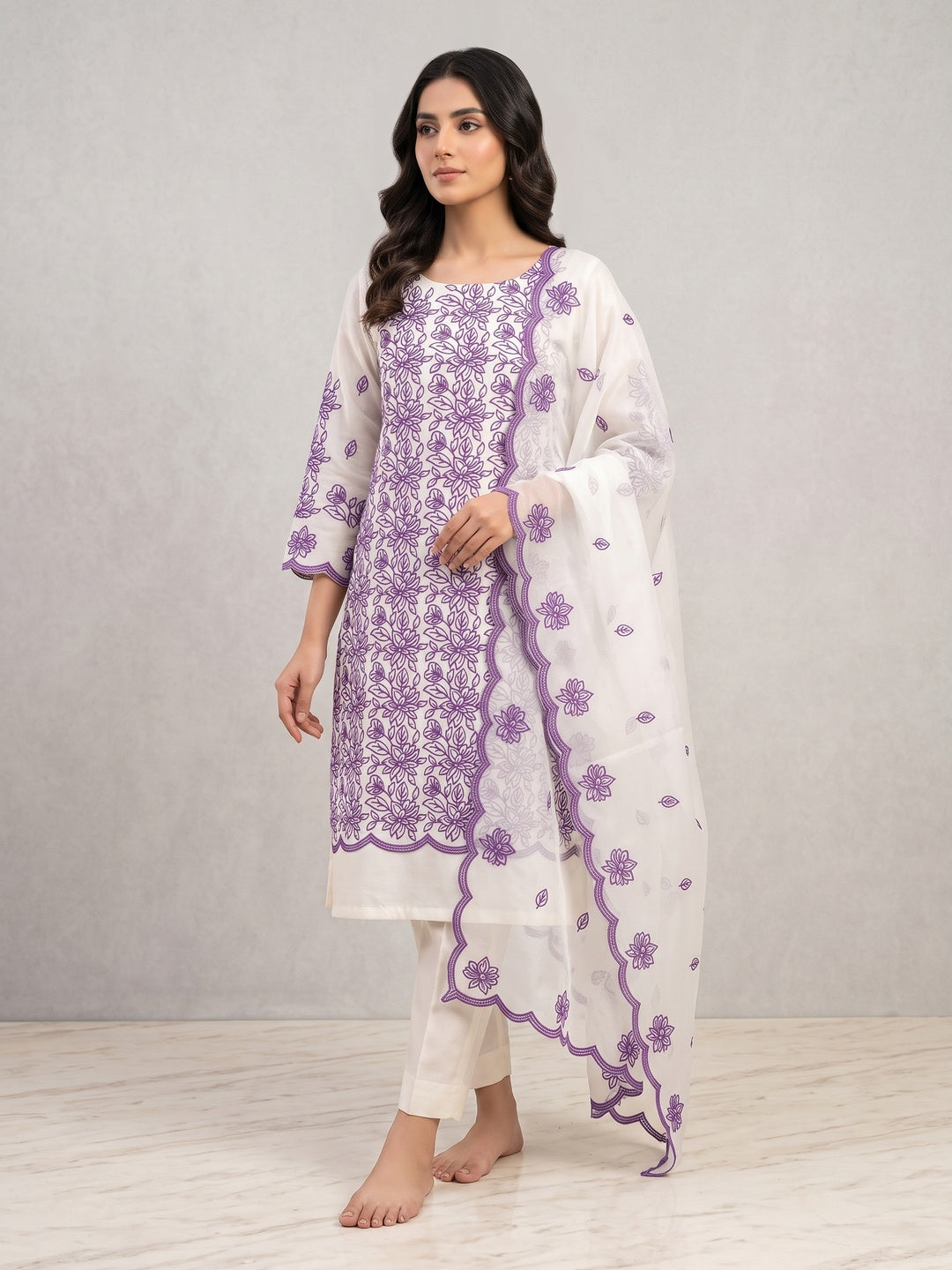 Peachmode Off White Purple Floral Embroidered Dress Material - Image 1