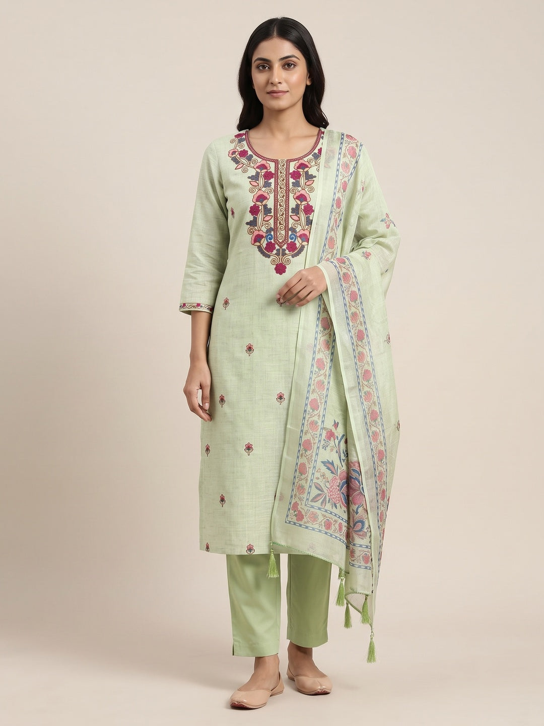 Peachmode Green Floral Embroidered Linen Cotton Dress Material - Image 1