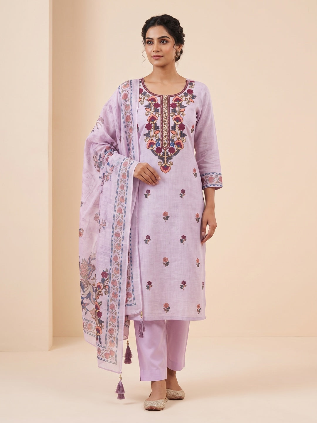 Peachmode Lavender Floral Embroidered Linen Cotton Dress Material - Image 1