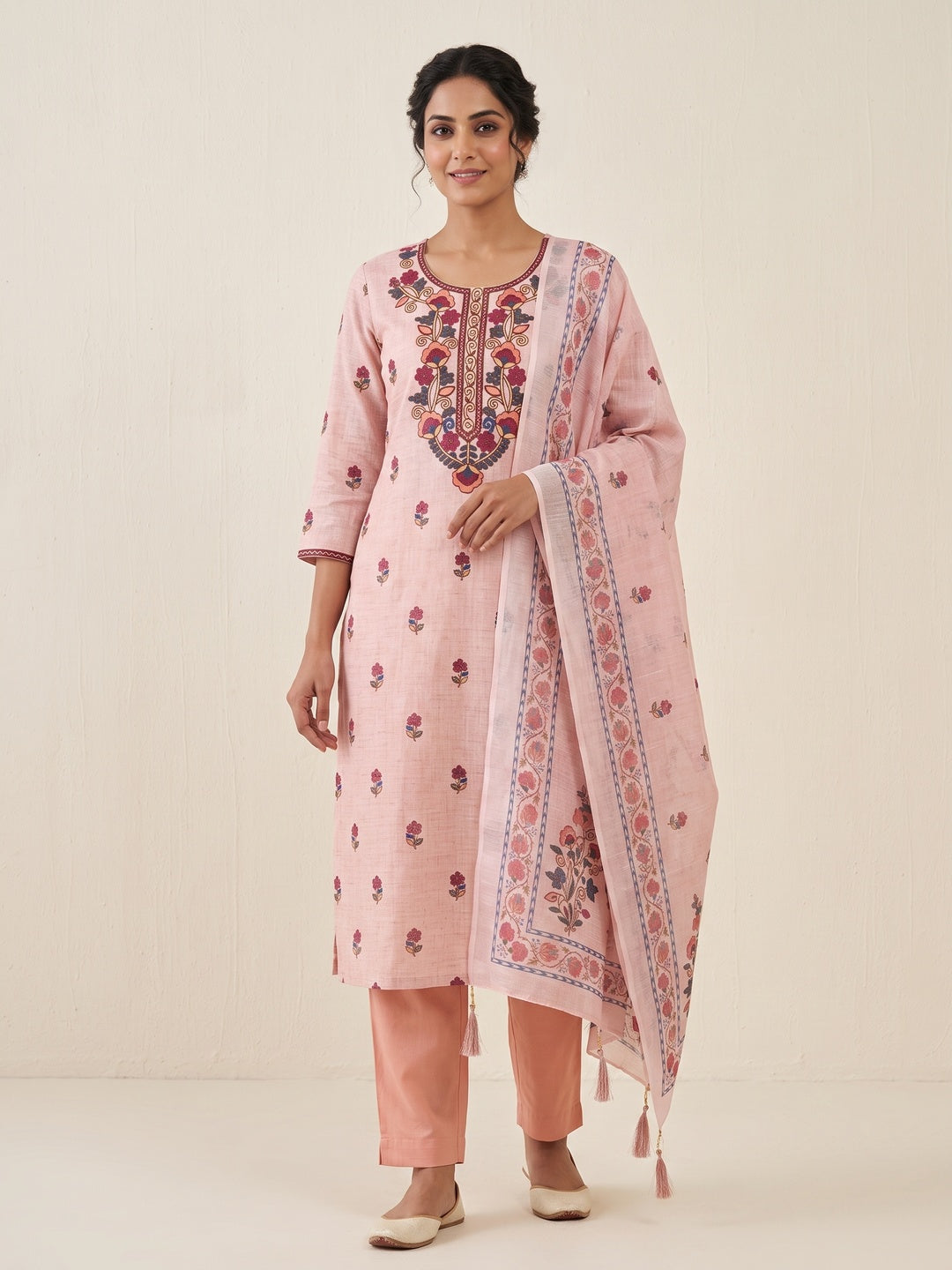 Peachmode Peach Floral Embroidered Linen Cotton Dress Material - Image 1