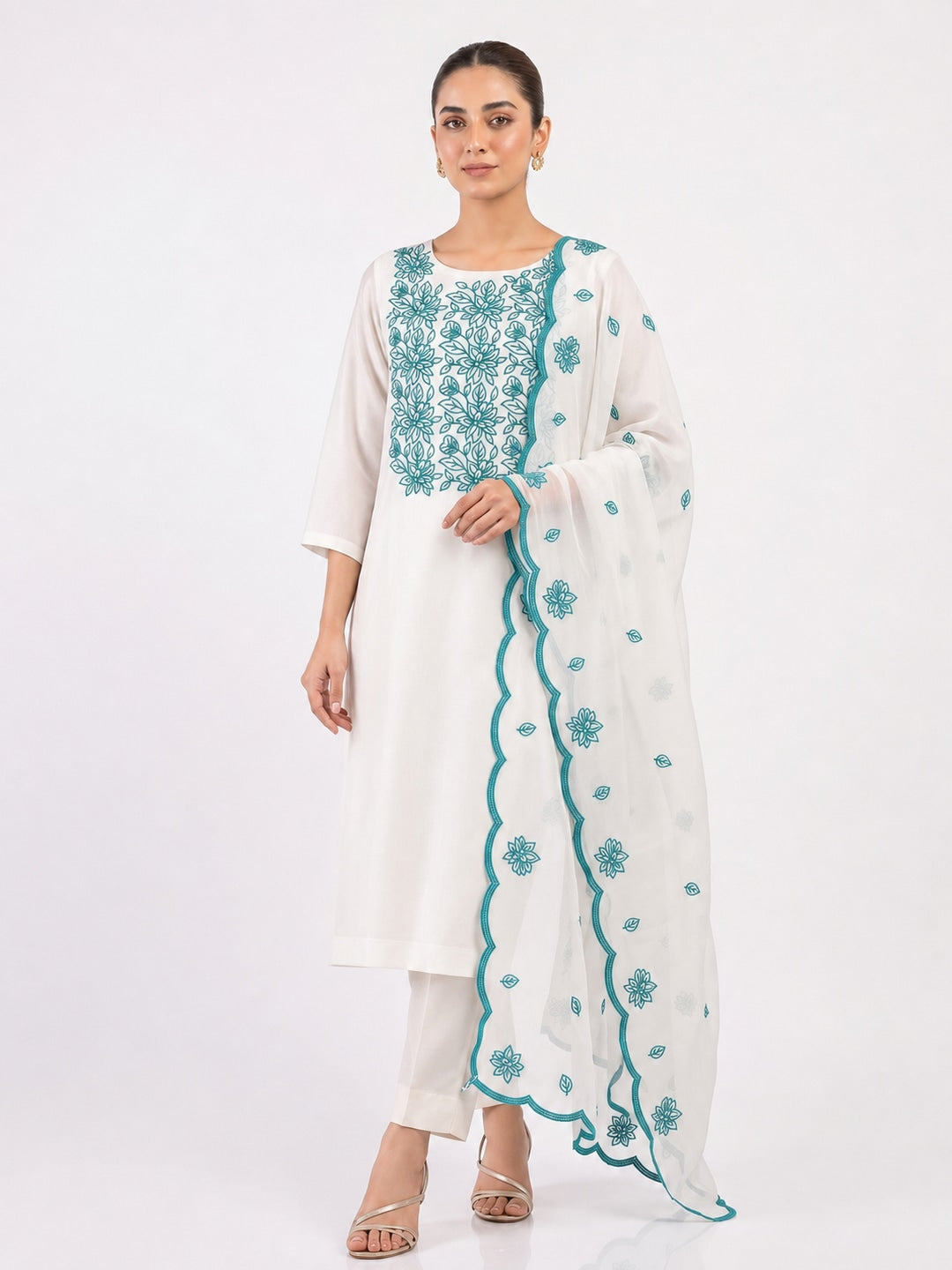 Peachmode Off White Teal Floral Embroidered Dress Material - Image 1