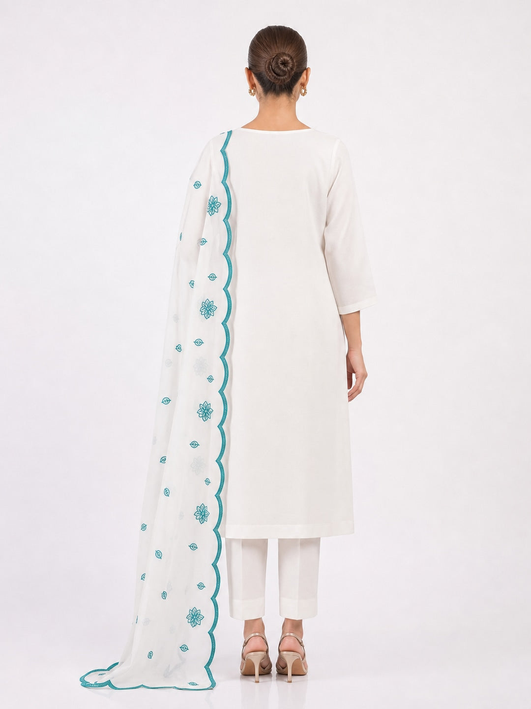 Peachmode Off White Teal Floral Embroidered Dress Material - Image 3