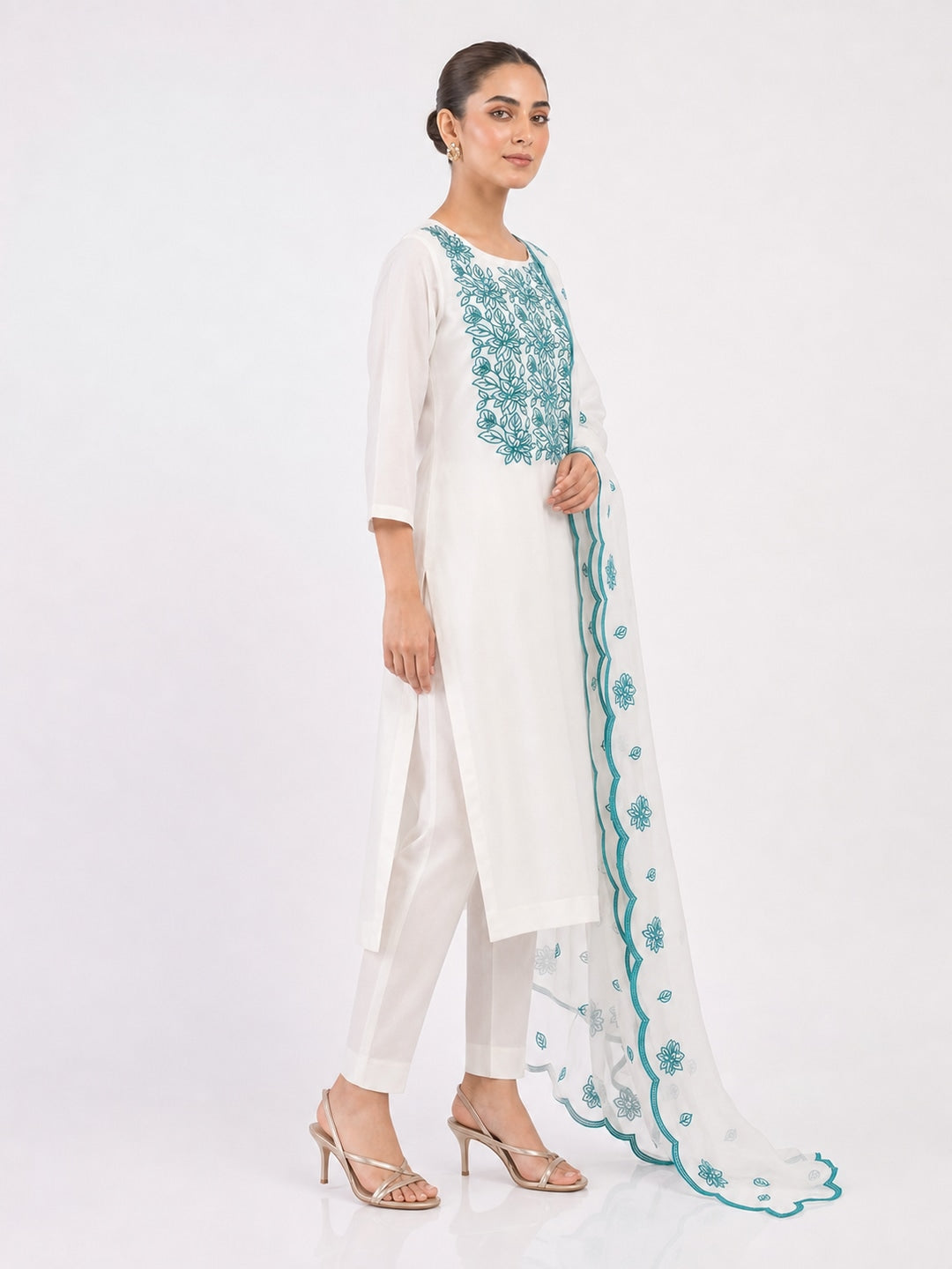 Peachmode Off White Teal Floral Embroidered Dress Material - Image 4