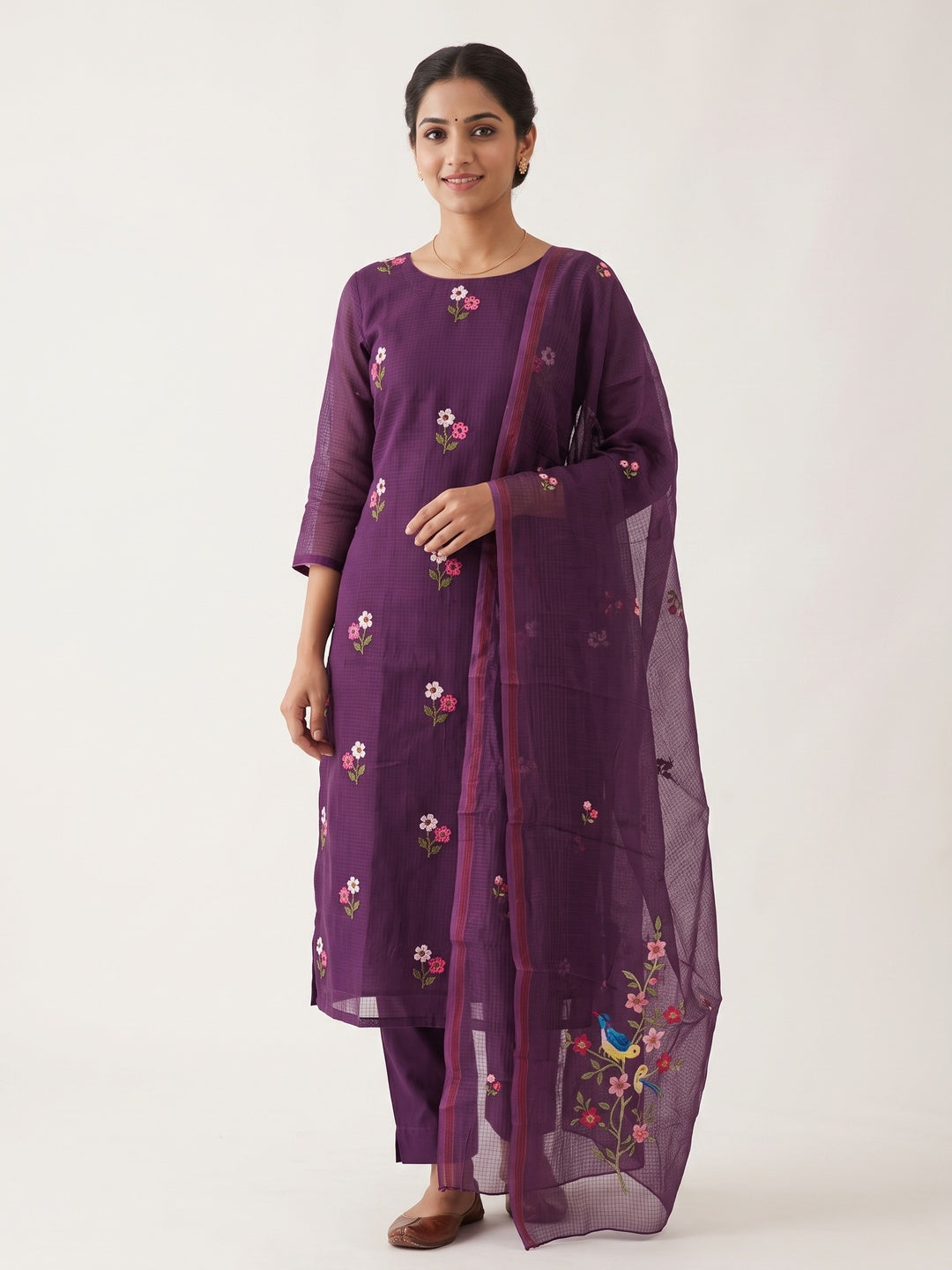 Dark Purple Floral Embroidered Kota Doria Dress Material - Image 1