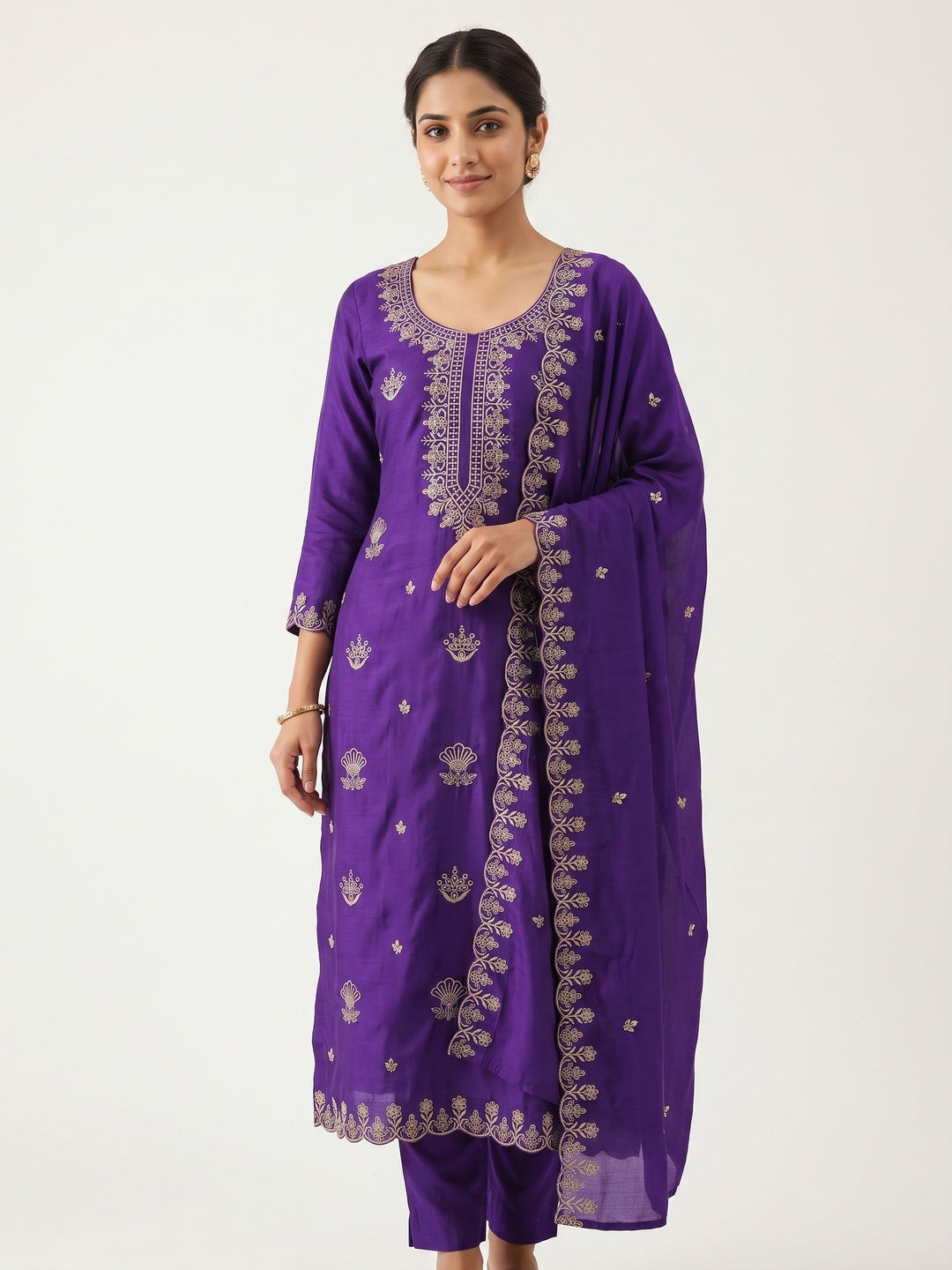 Violet Thread Embroidered Vichitra Silk Dress Material Perfect for Party & Festive Wear - Image 1