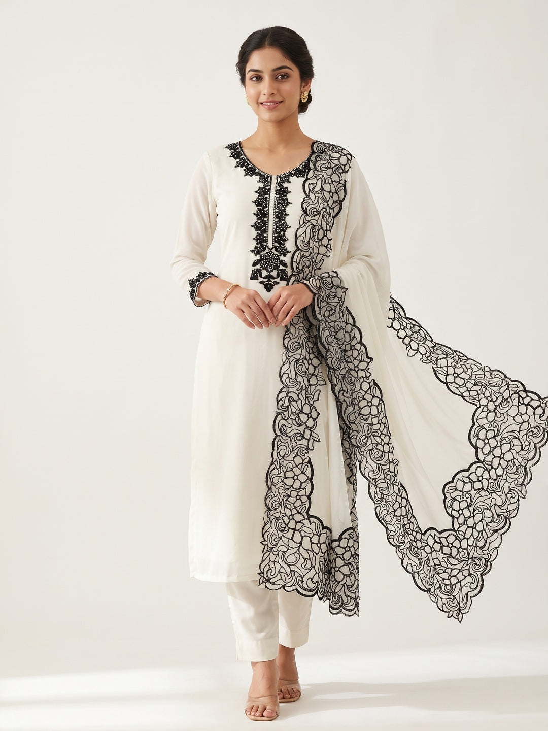 Off White Unstitched Georgette Dress Material Featuring Thread Detailing - Image 2