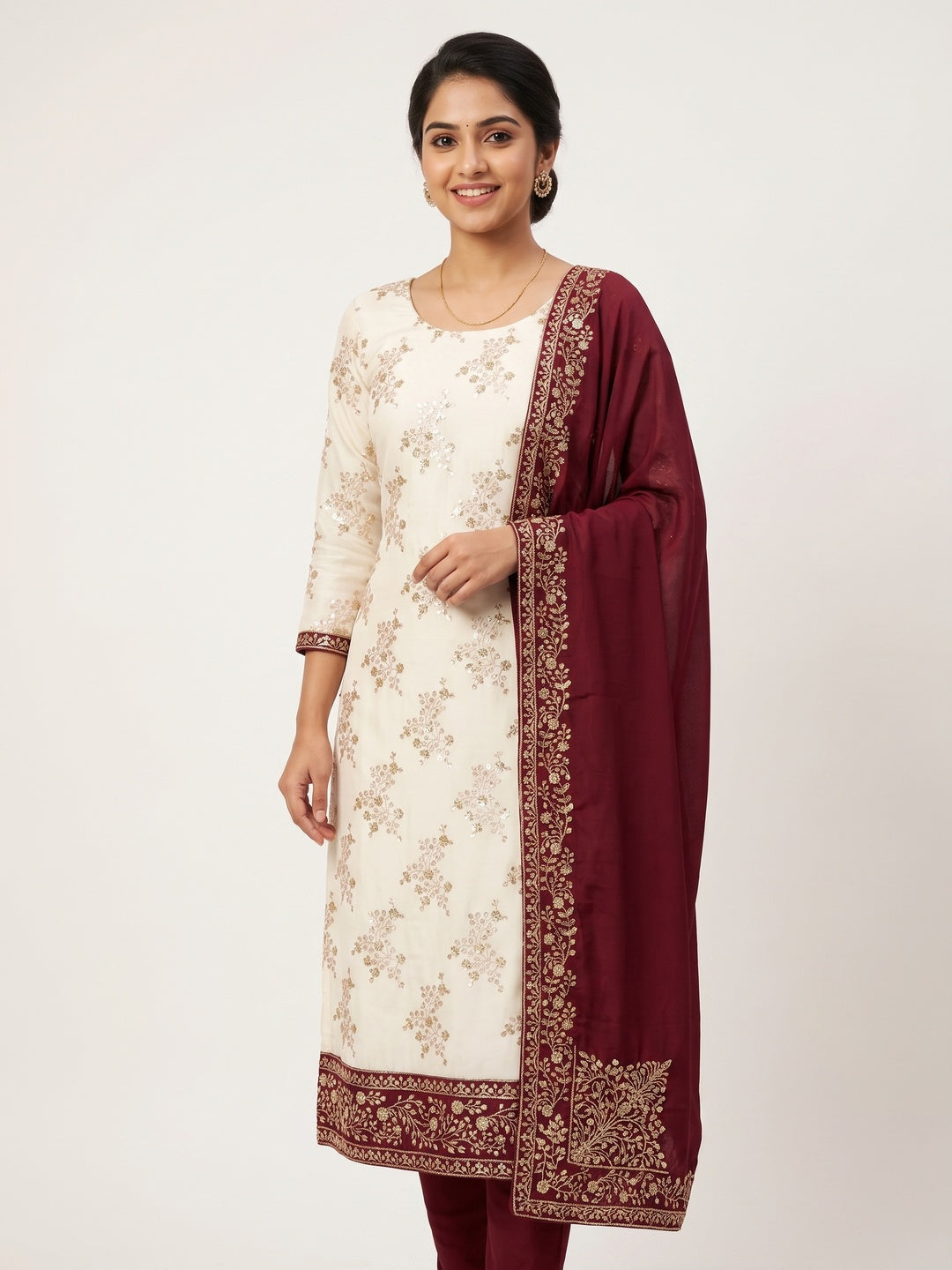 Maroon and Off White Vichitra Silk Fabric with Embroidered Detailing - Image 2