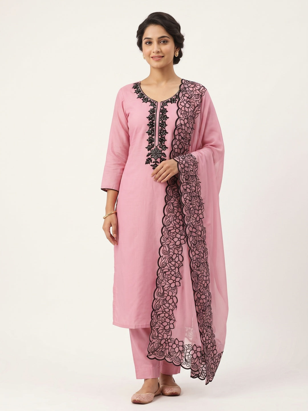Pink Unstitched Georgette Dress Material Featuring Thread Detailing - Image 2