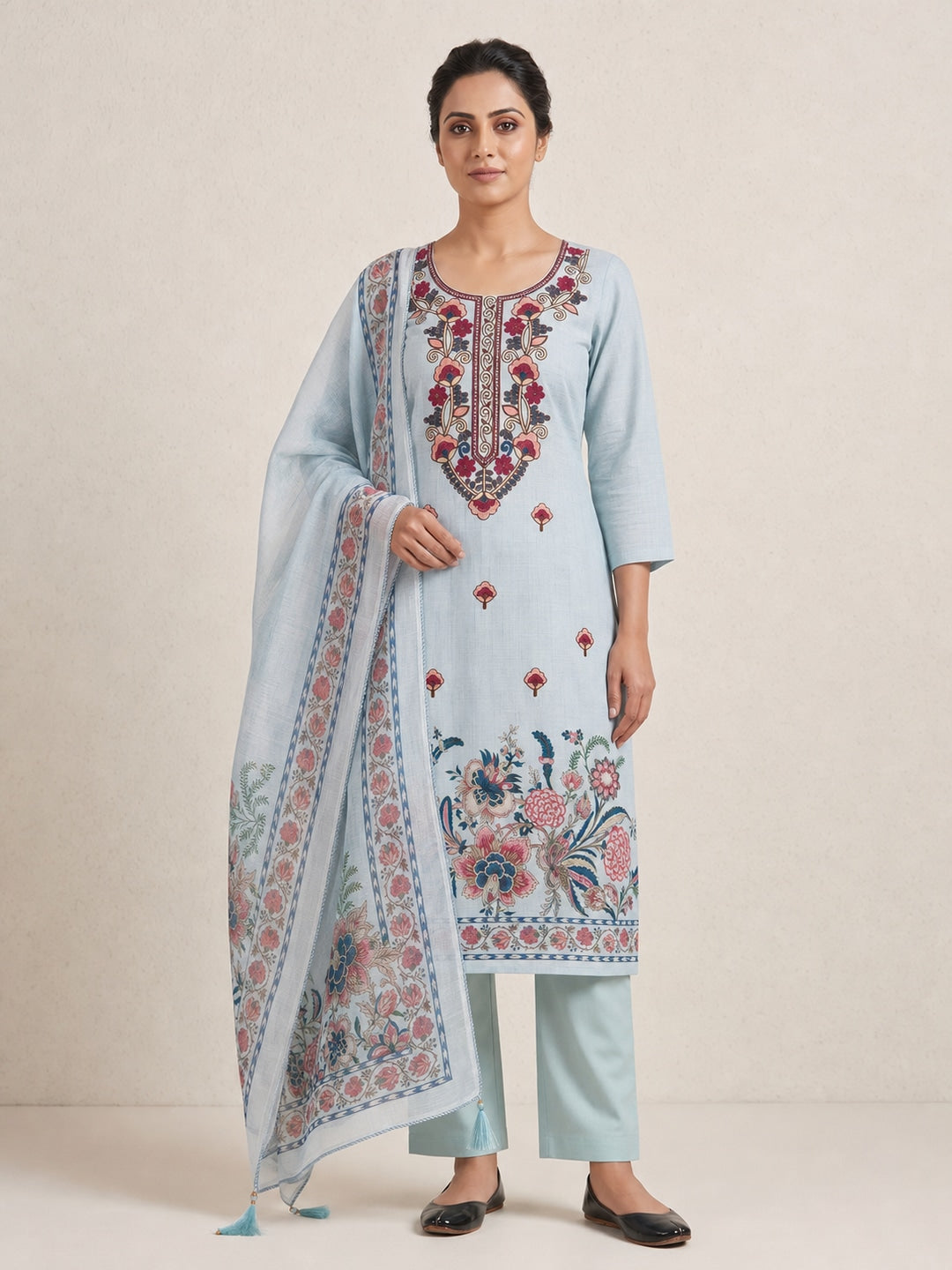 Peachmode Light Blue Floral Embroidered Linen Cotton Dress Material - Image 2
