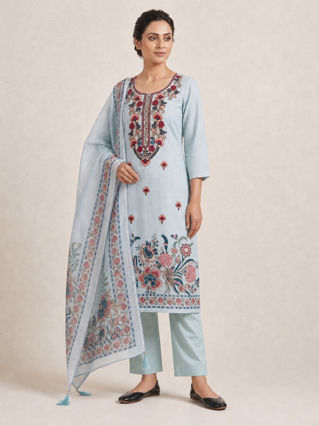 Peachmode Light Blue Floral Embroidered Linen Cotton Dress Material - Image 5