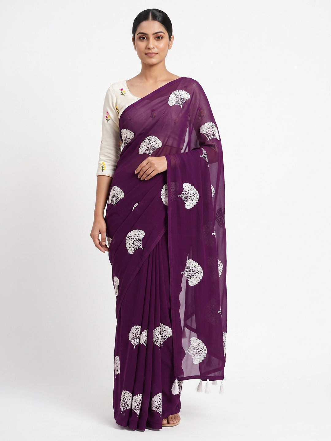 Dark Purple Thread Embroidered Georgette Saree With Tassels - Image 1