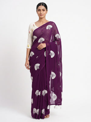 Dark Purple Thread Embroidered Georgette Saree With Tassels - Image 1