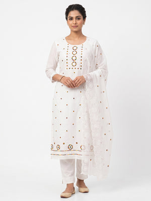 White Embroidered Cotton Blend Suit Fabric with Soft Floral Detailing - Image 1