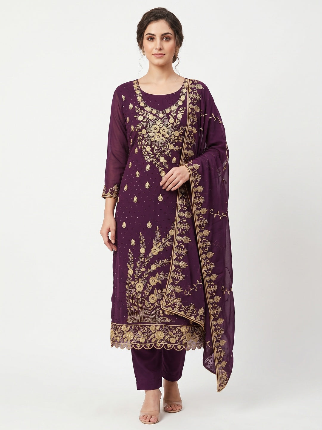 Classic Purple Floral Embroidery Georgette Dress Material With Subtle Swarovski Embellishments - Image 1