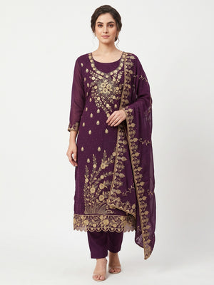 Classic Purple Floral Embroidery Georgette Dress Material With Subtle Swarovski Embellishments - Image 1