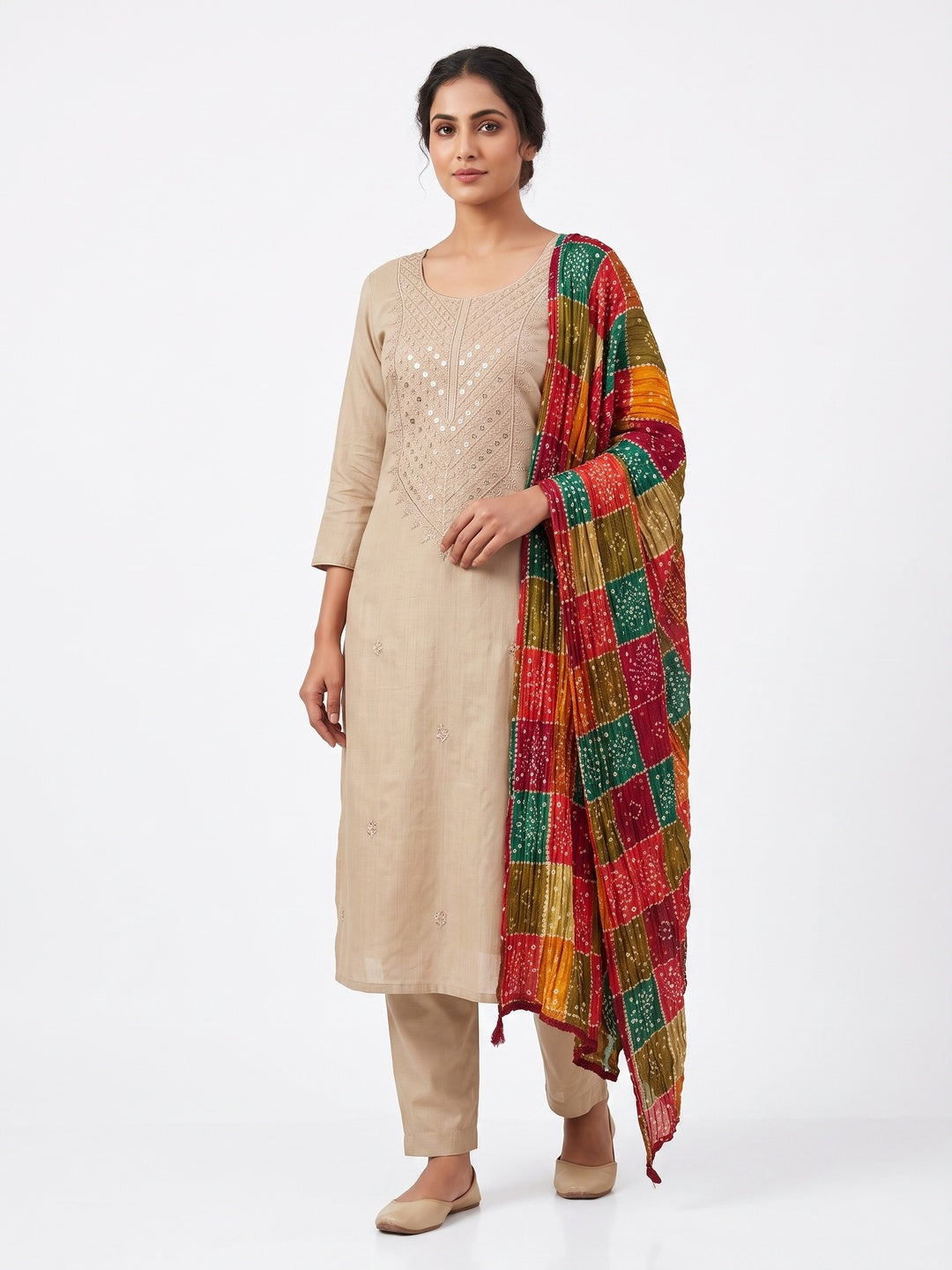 Beige Cotton Blend Suit Material with Soft Floral Embroidery - Image 1