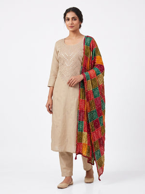 Beige Cotton Blend Suit Material with Soft Floral Embroidery - Image 1