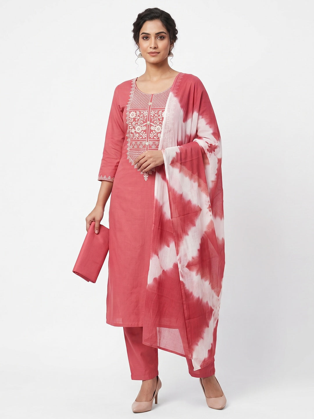 Gajari Pink Floral Thread Embroidered Cotton Blend Dress Material With Sequins Work - Image 2
