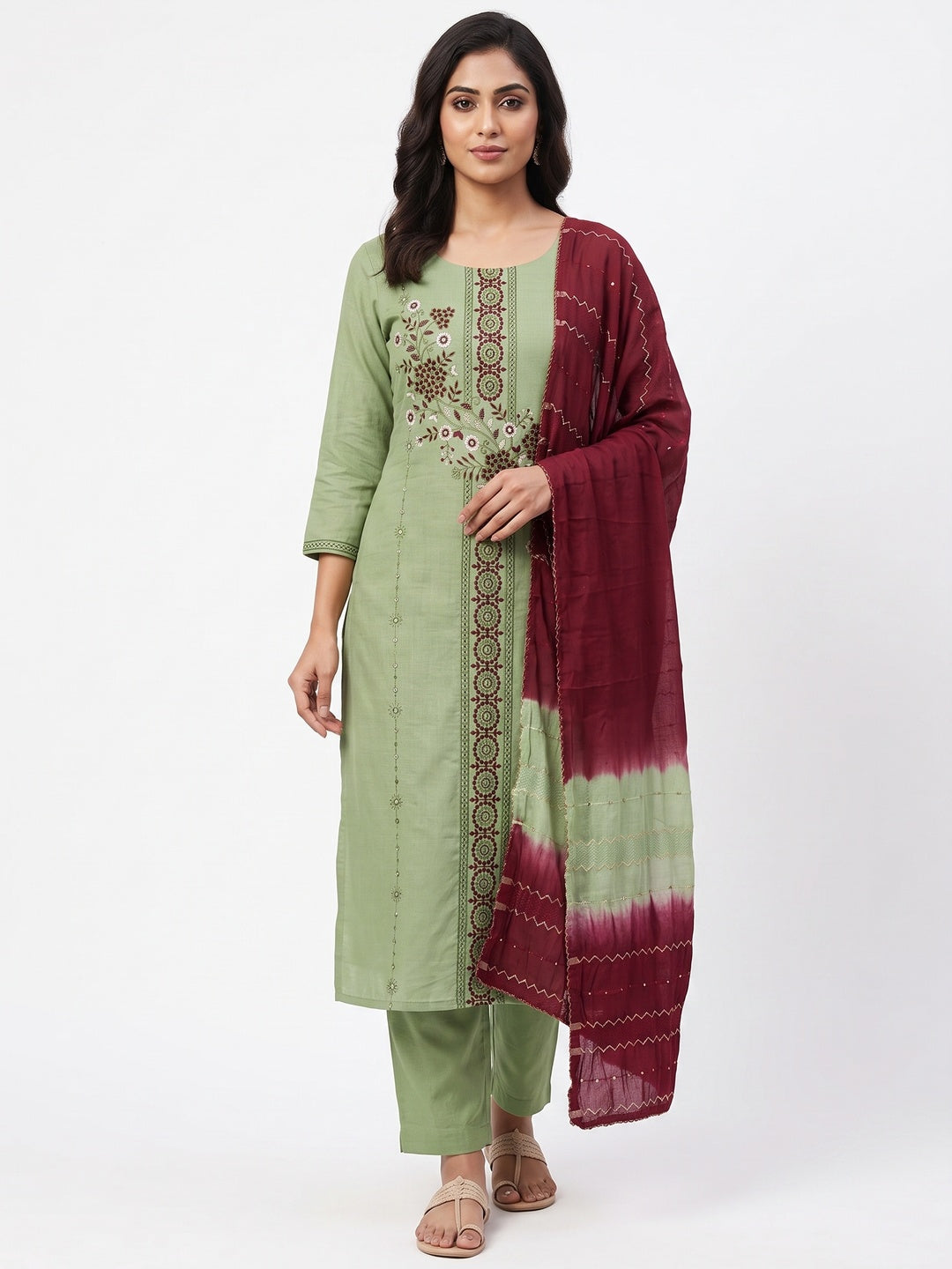 Graceful Green Cotton Blend Dress Material With Embroidered Florals And Sequin Accents - Image 1