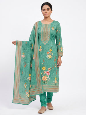 Sea Green Dress Material in Muslin with Delicate Mirror Highlights - Image 1