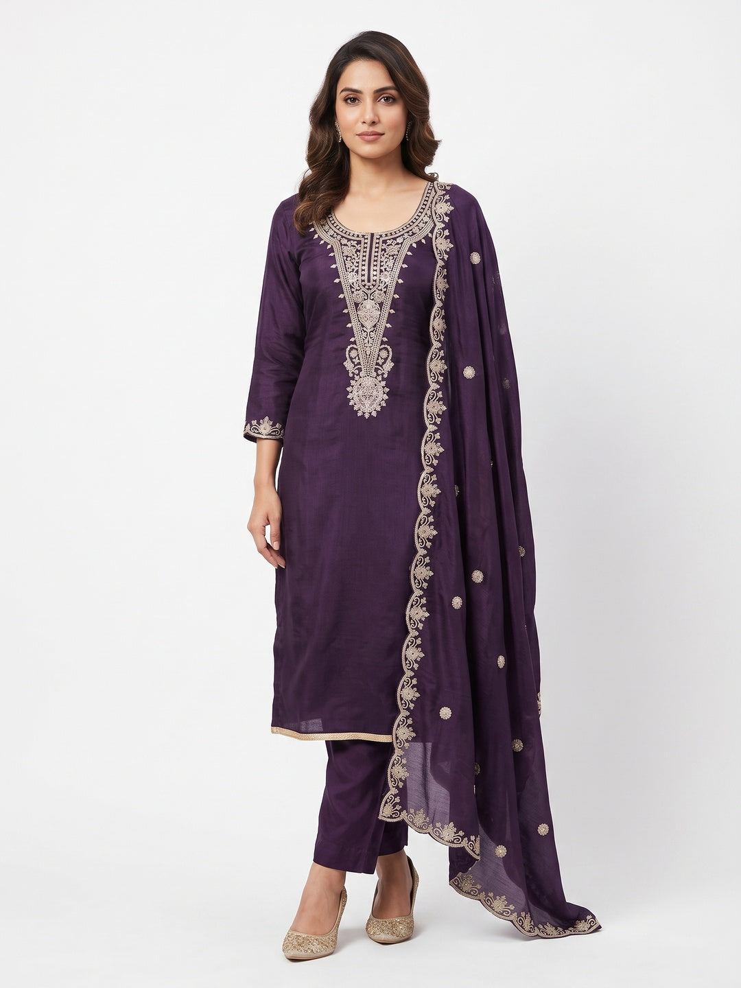 Elegant Purple Floral Embroidered Dress Material In Vichitra Silk With Sequins Detailing - Image 1